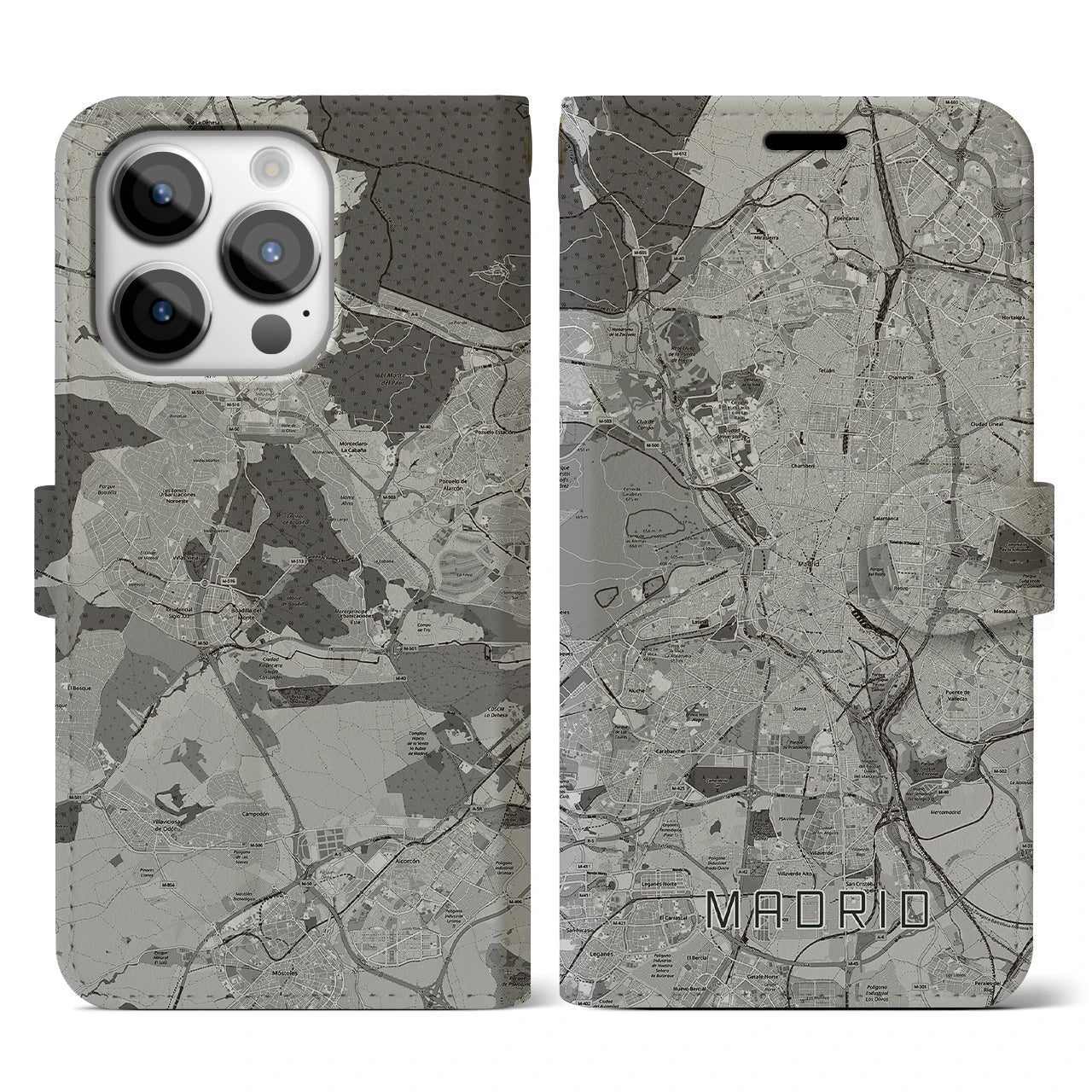 【マドリード(スペイン)】地図柄iPhoneケース(手帳タイプ)モノトーン・iPhone 14 Pro 用