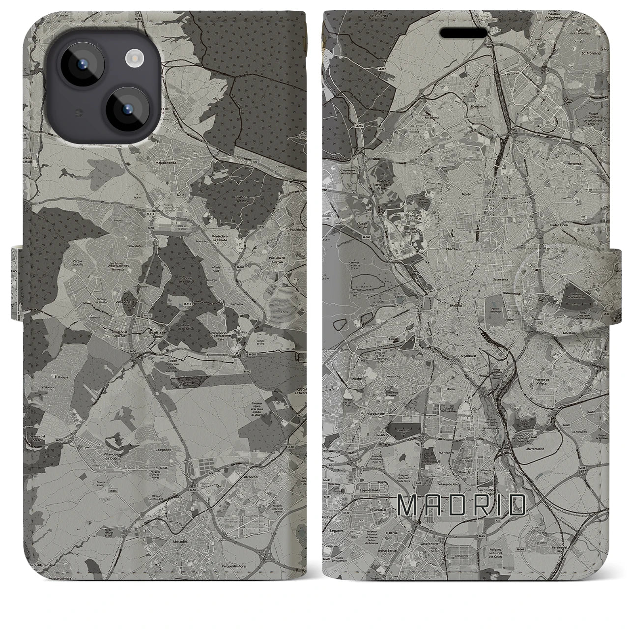 【マドリード(スペイン)】地図柄iPhoneケース(手帳タイプ)モノトーン・iPhone 14 Plus 用