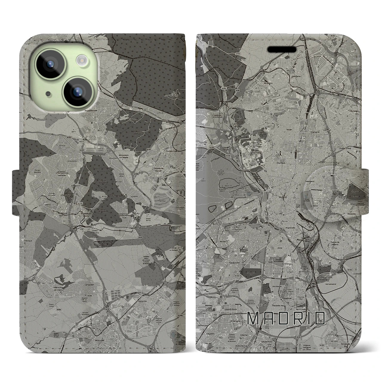 【マドリード(スペイン)】地図柄iPhoneケース(手帳タイプ)モノトーン・iPhone 15 用