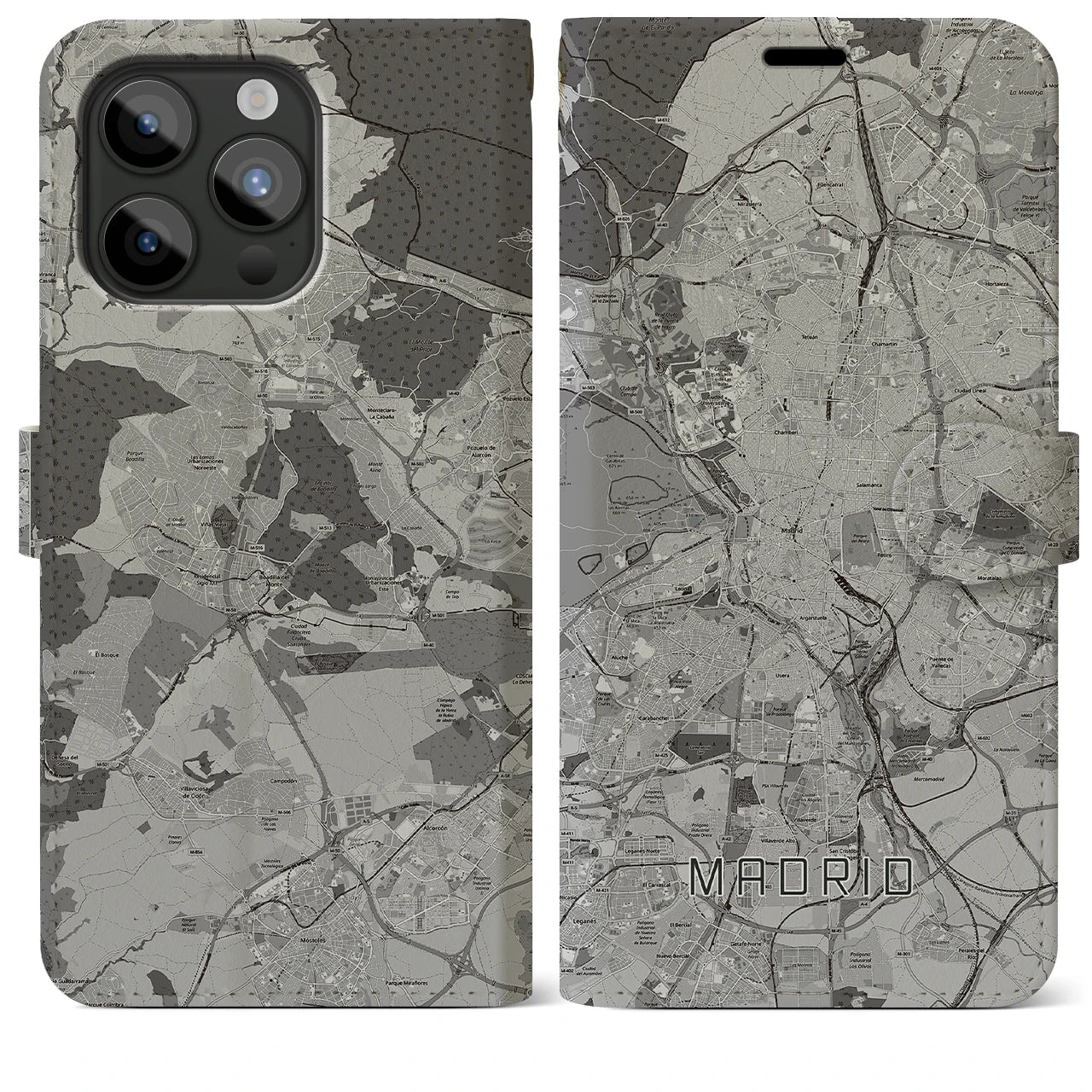 【マドリード(スペイン)】地図柄iPhoneケース(手帳タイプ)モノトーン・iPhone 15 Pro Max 用