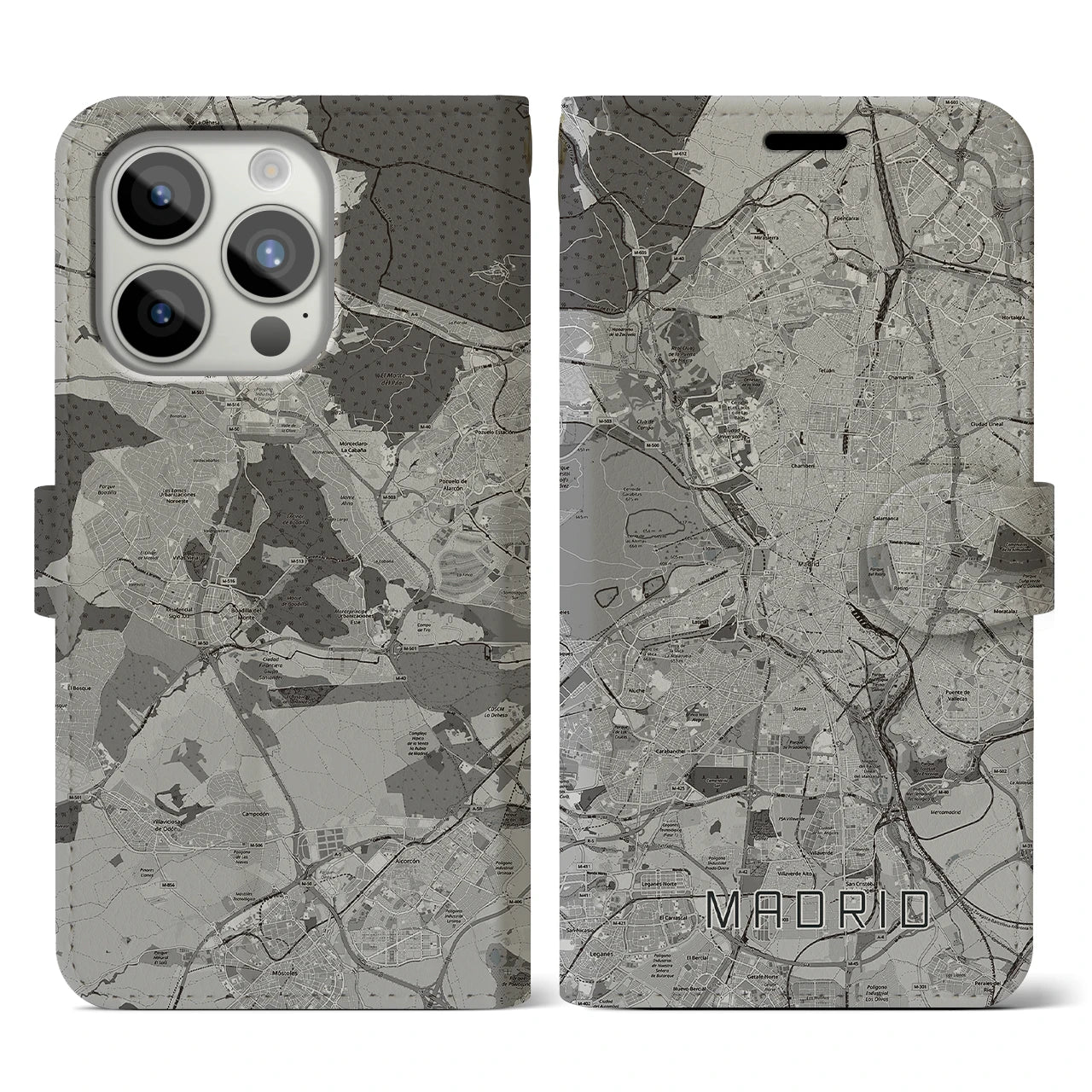 【マドリード(スペイン)】地図柄iPhoneケース(手帳タイプ)モノトーン・iPhone 15 Pro 用