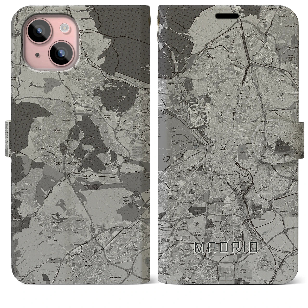 【マドリード(スペイン)】地図柄iPhoneケース(手帳タイプ)モノトーン・iPhone 15 Plus 用