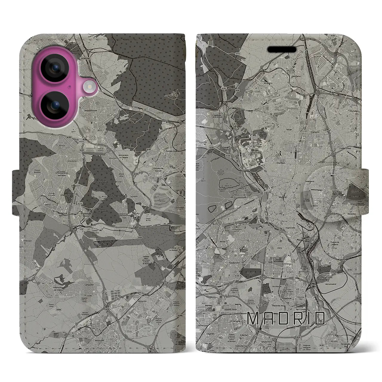 【マドリード(スペイン)】地図柄iPhoneケース(手帳タイプ)モノトーン・iPhone 16 Pro 用