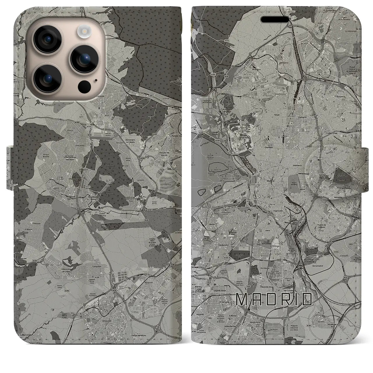 【マドリード(スペイン)】地図柄iPhoneケース(手帳タイプ)モノトーン・iPhone 16 Plus 用