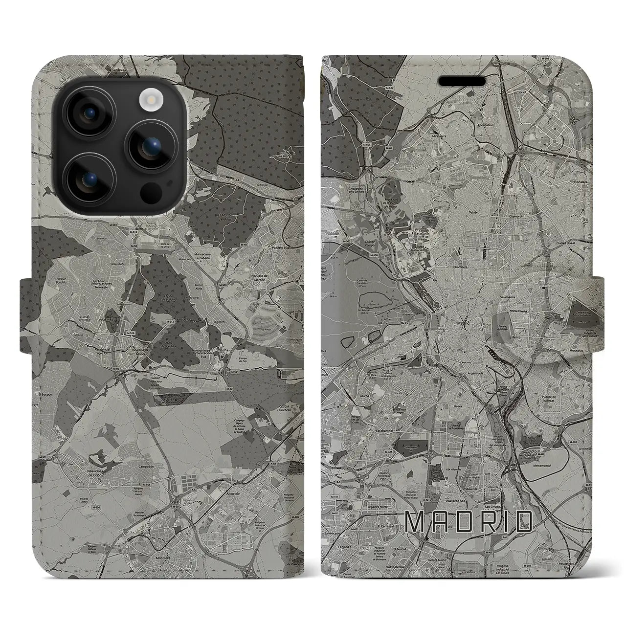 【マドリード(スペイン)】地図柄iPhoneケース(手帳タイプ)モノトーン・iPhone 16 用