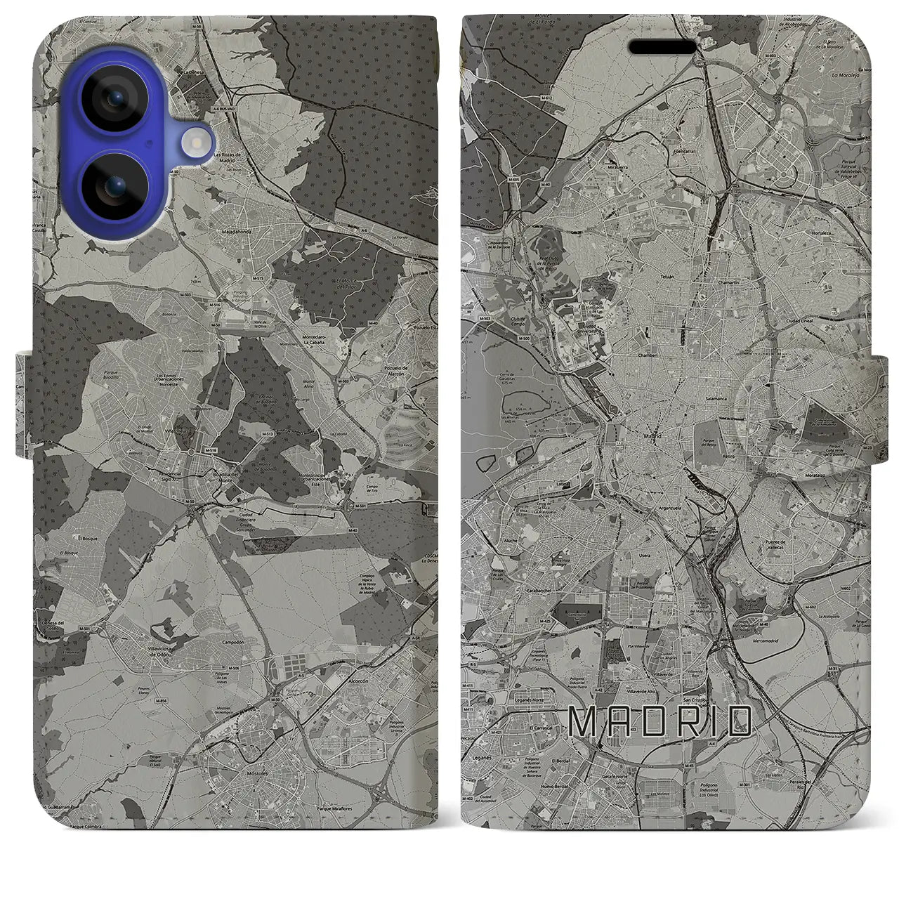 【マドリード(スペイン)】地図柄iPhoneケース(手帳タイプ)モノトーン・iPhone 16 Pro Max 用