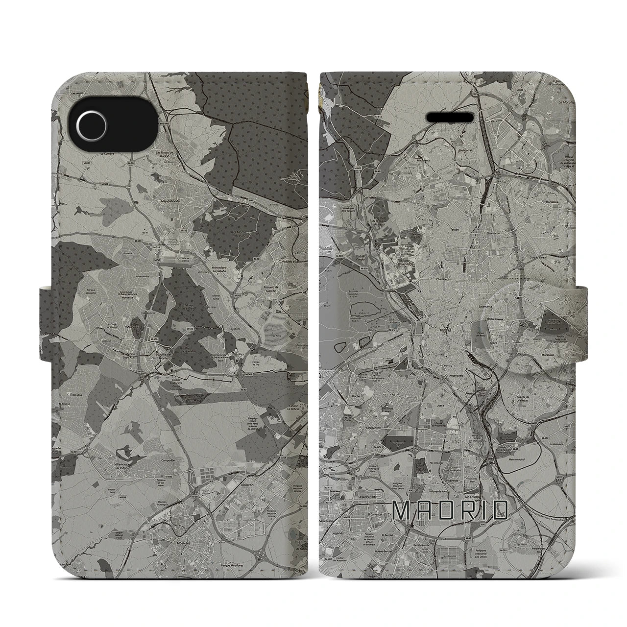【マドリード(スペイン)】地図柄iPhoneケース(手帳タイプ)モノトーン・iPhone SE(第3 / 第2世代) / 8 / 7 / 6s / 6 用