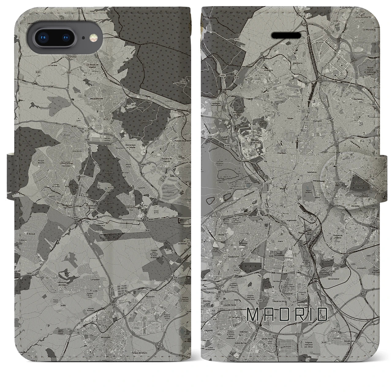 【マドリード(スペイン)】地図柄iPhoneケース(手帳タイプ)モノトーン・iPhone 8Plus /7Plus / 6sPlus / 6Plus 用