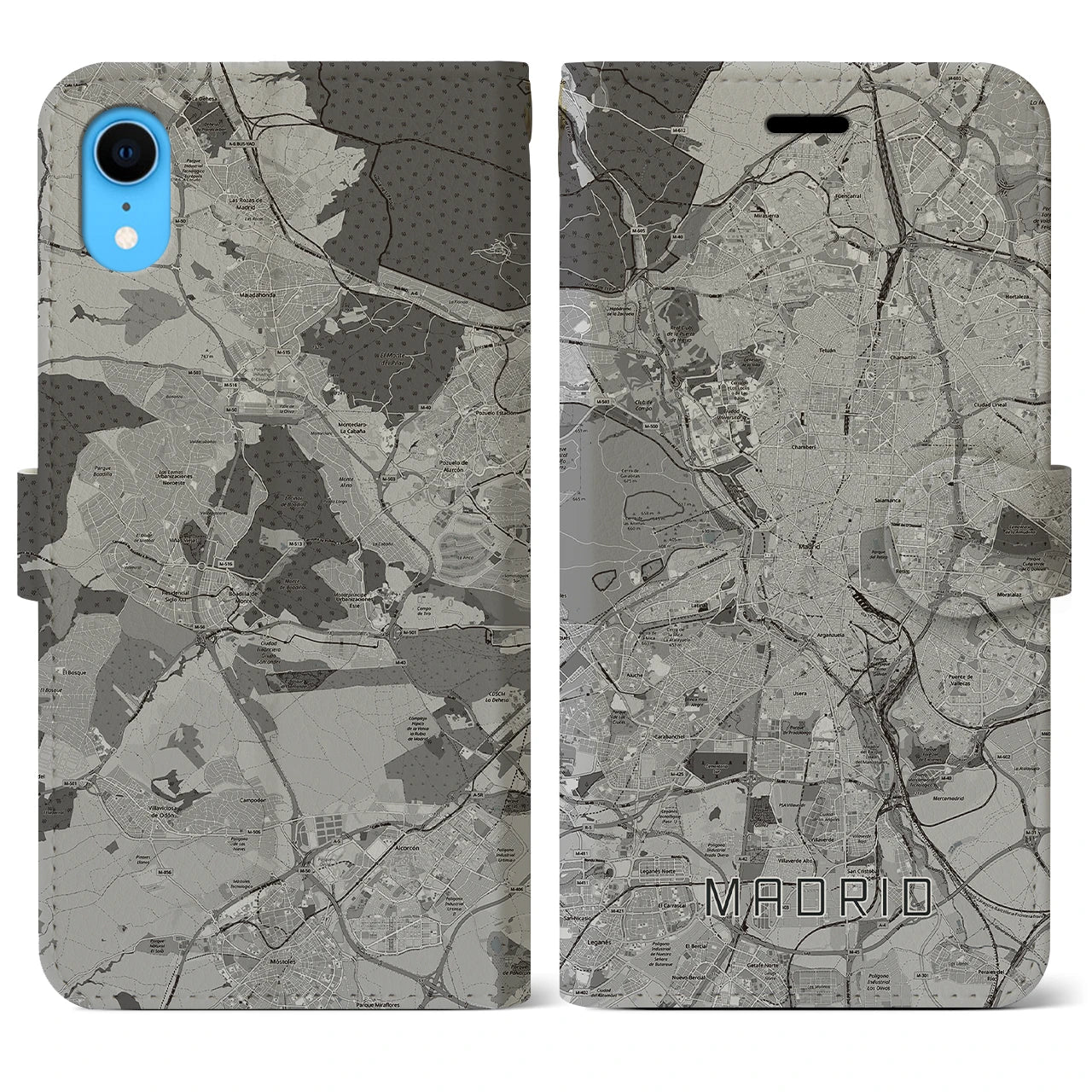 【マドリード(スペイン)】地図柄iPhoneケース(手帳タイプ)モノトーン・iPhone XR 用