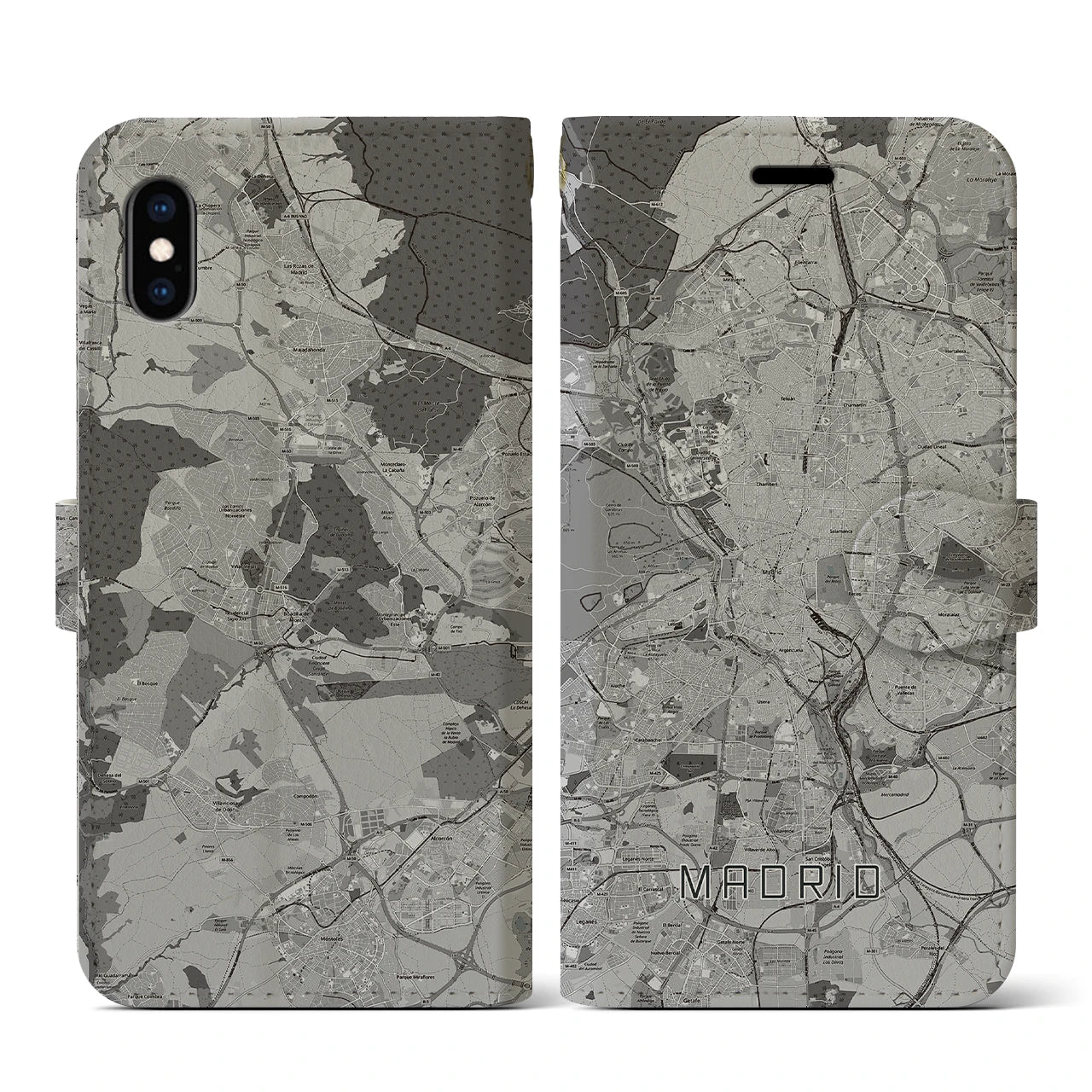 【マドリード(スペイン)】地図柄iPhoneケース(手帳タイプ)モノトーン・iPhone XS / X 用