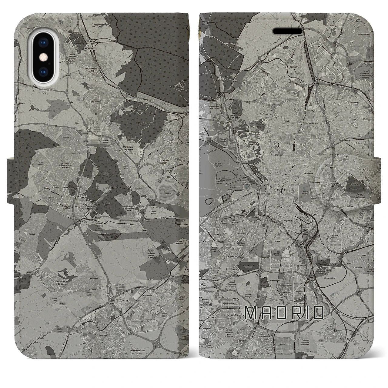 【マドリード(スペイン)】地図柄iPhoneケース(手帳タイプ)モノトーン・iPhone XS Max 用