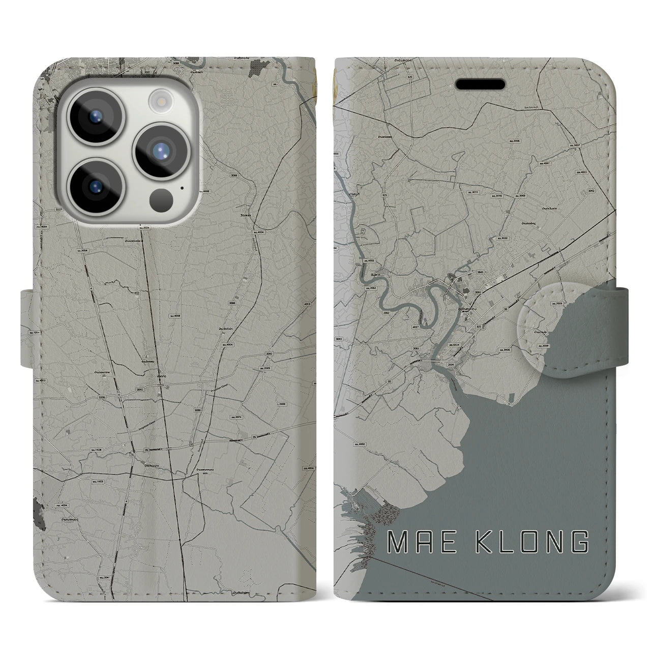 【メークロン(タイ)】地図柄iPhoneケース(手帳タイプ)モノトーン・iPhone 15 Pro 用