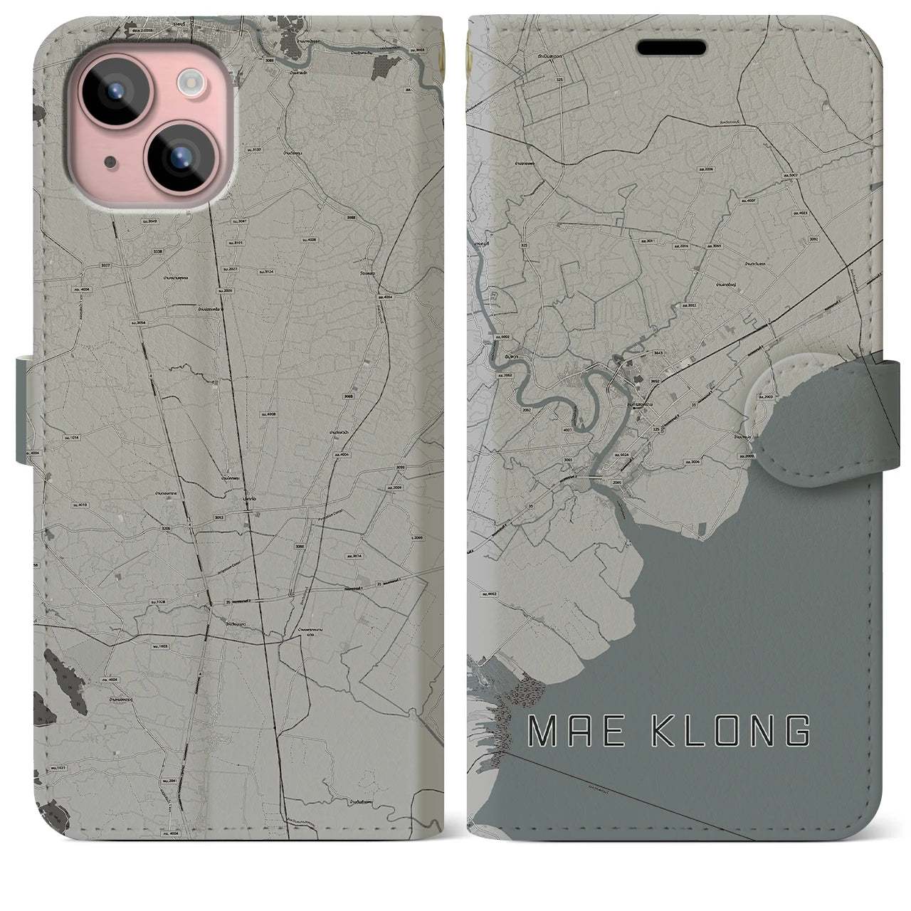 【メークロン(タイ)】地図柄iPhoneケース(手帳タイプ)モノトーン・iPhone 15 Plus 用