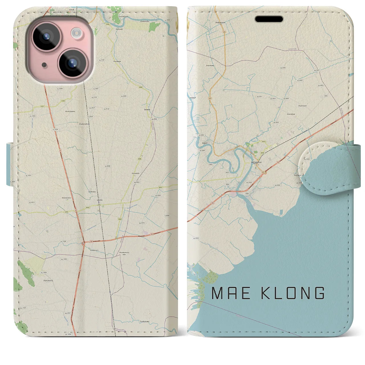 【メークロン(タイ)】地図柄iPhoneケース(手帳タイプ)ナチュラル・iPhone 15 Plus 用