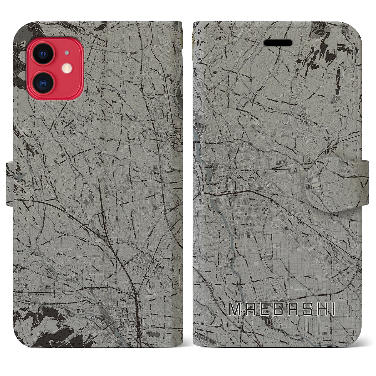 【前橋(群馬県)】地図柄iPhoneケース(手帳タイプ)モノトーン・iPhone 11 用