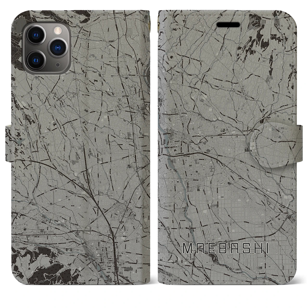 【前橋(群馬県)】地図柄iPhoneケース(手帳タイプ)モノトーン・iPhone 11 Pro Max 用