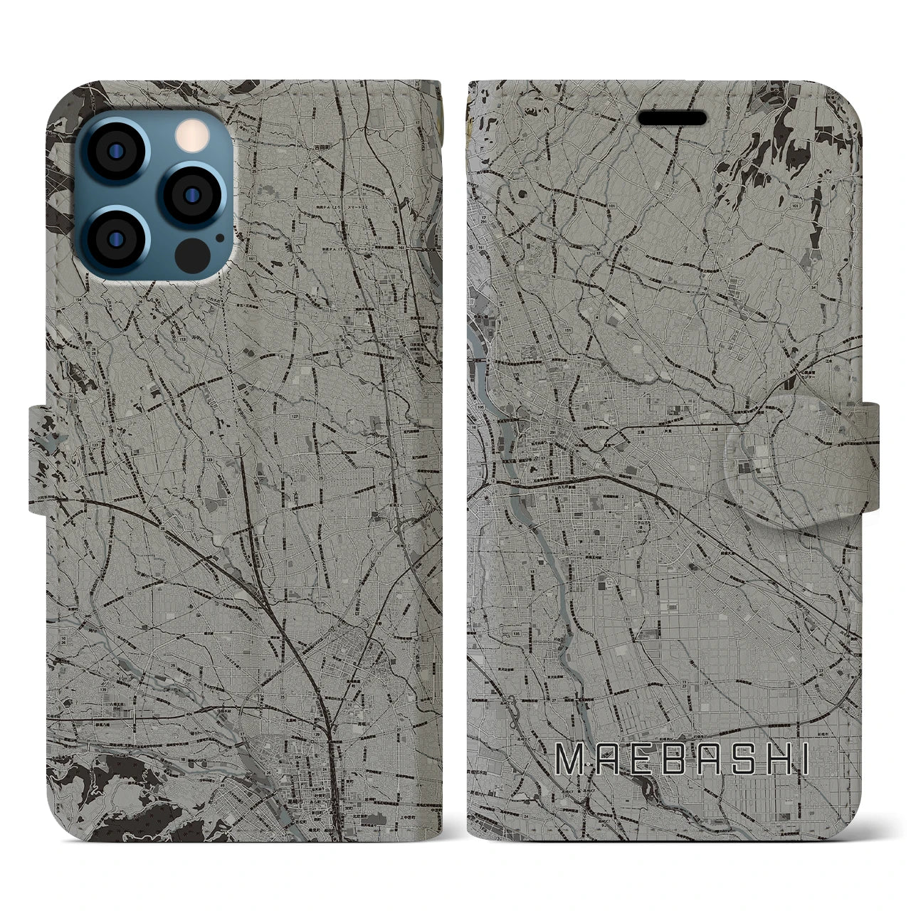 【前橋(群馬県)】地図柄iPhoneケース(手帳タイプ)モノトーン・iPhone 12 / 12 Pro 用