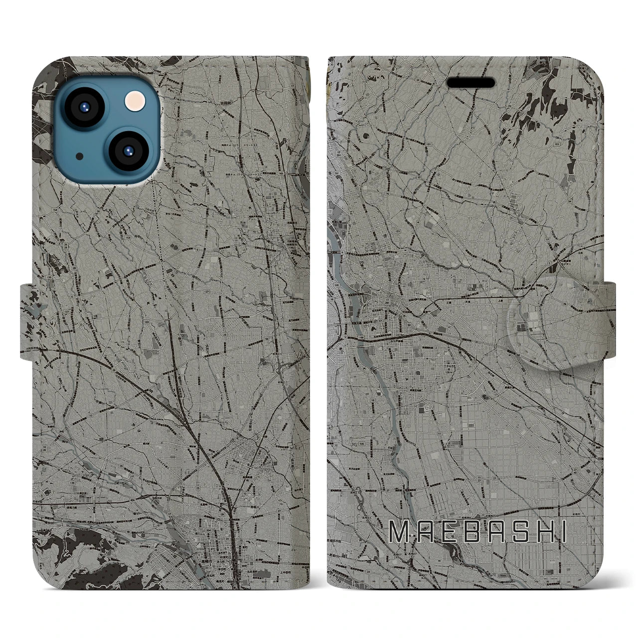 【前橋(群馬県)】地図柄iPhoneケース(手帳タイプ)モノトーン・iPhone 13 用