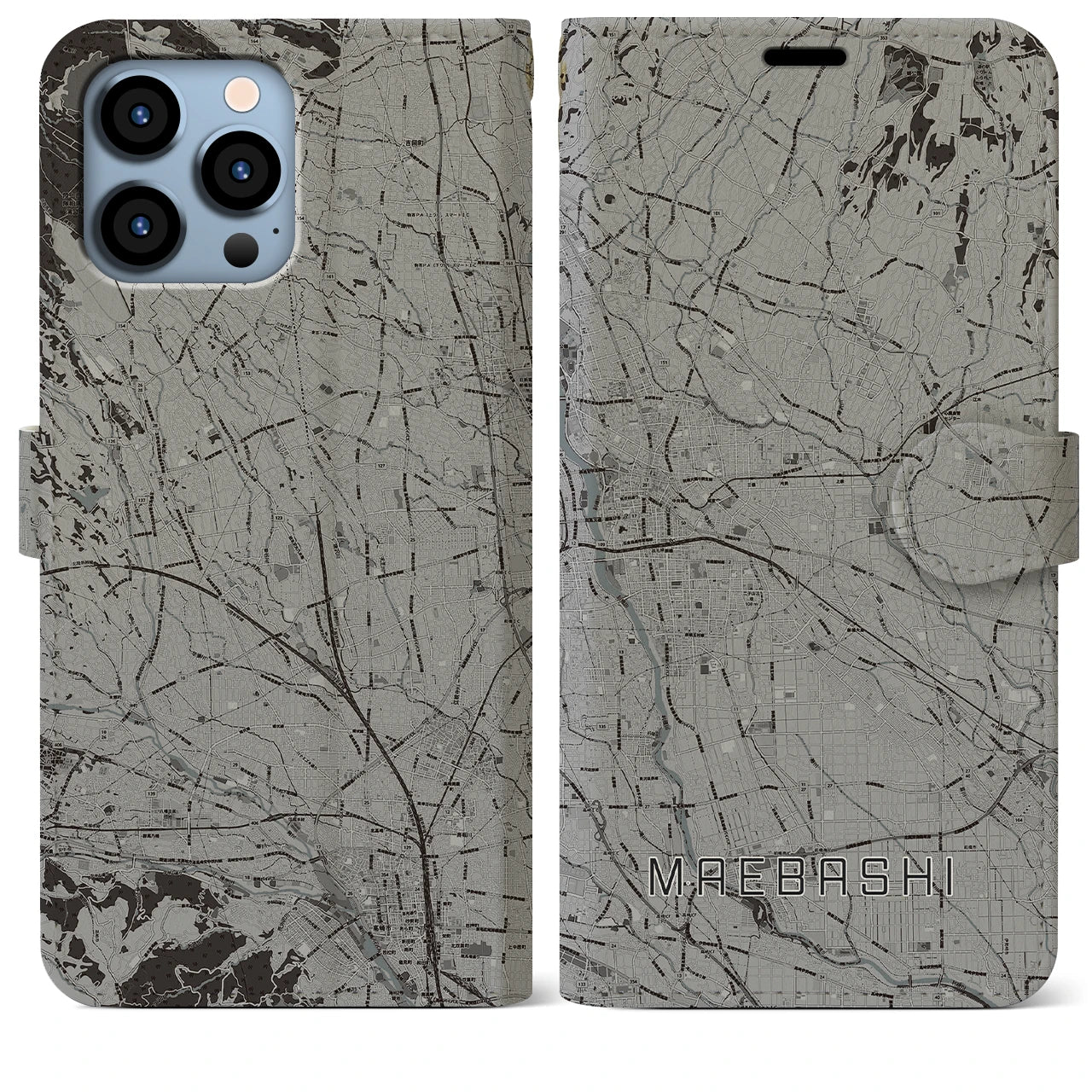 【前橋(群馬県)】地図柄iPhoneケース(手帳タイプ)モノトーン・iPhone 13 Pro Max 用