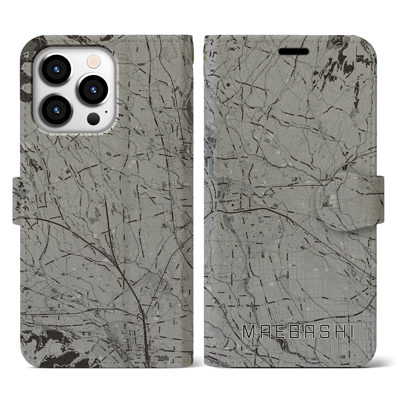 【前橋(群馬県)】地図柄iPhoneケース(手帳タイプ)モノトーン・iPhone 13 Pro 用