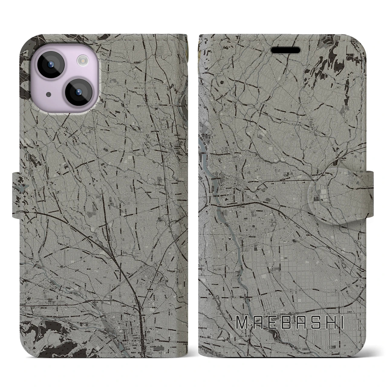 【前橋(群馬県)】地図柄iPhoneケース(手帳タイプ)モノトーン・iPhone 14 用