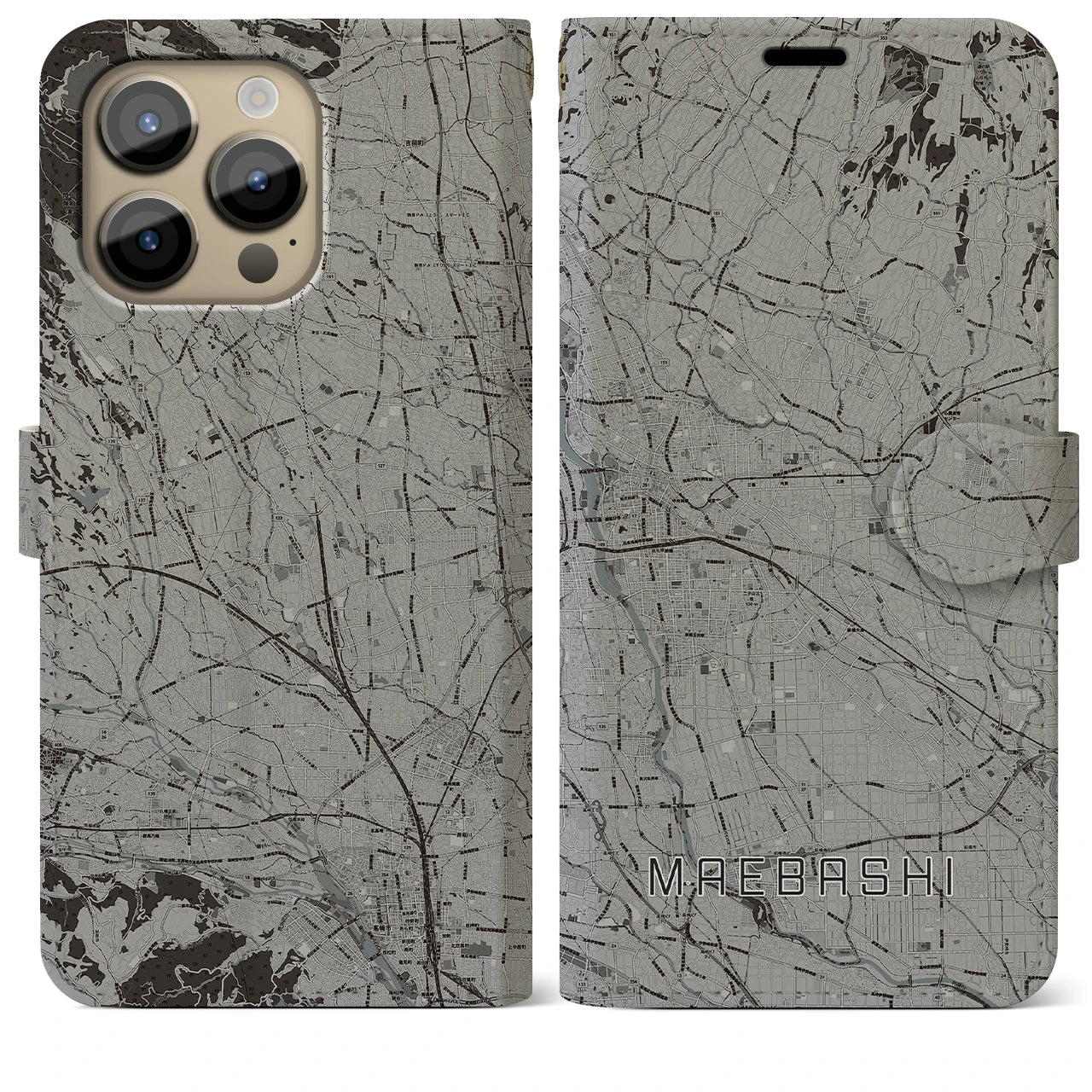 【前橋(群馬県)】地図柄iPhoneケース(手帳タイプ)モノトーン・iPhone 14 Pro Max 用
