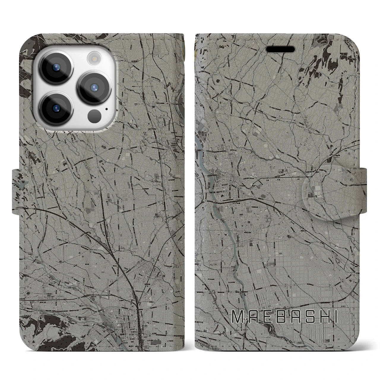 【前橋(群馬県)】地図柄iPhoneケース(手帳タイプ)モノトーン・iPhone 14 Pro 用