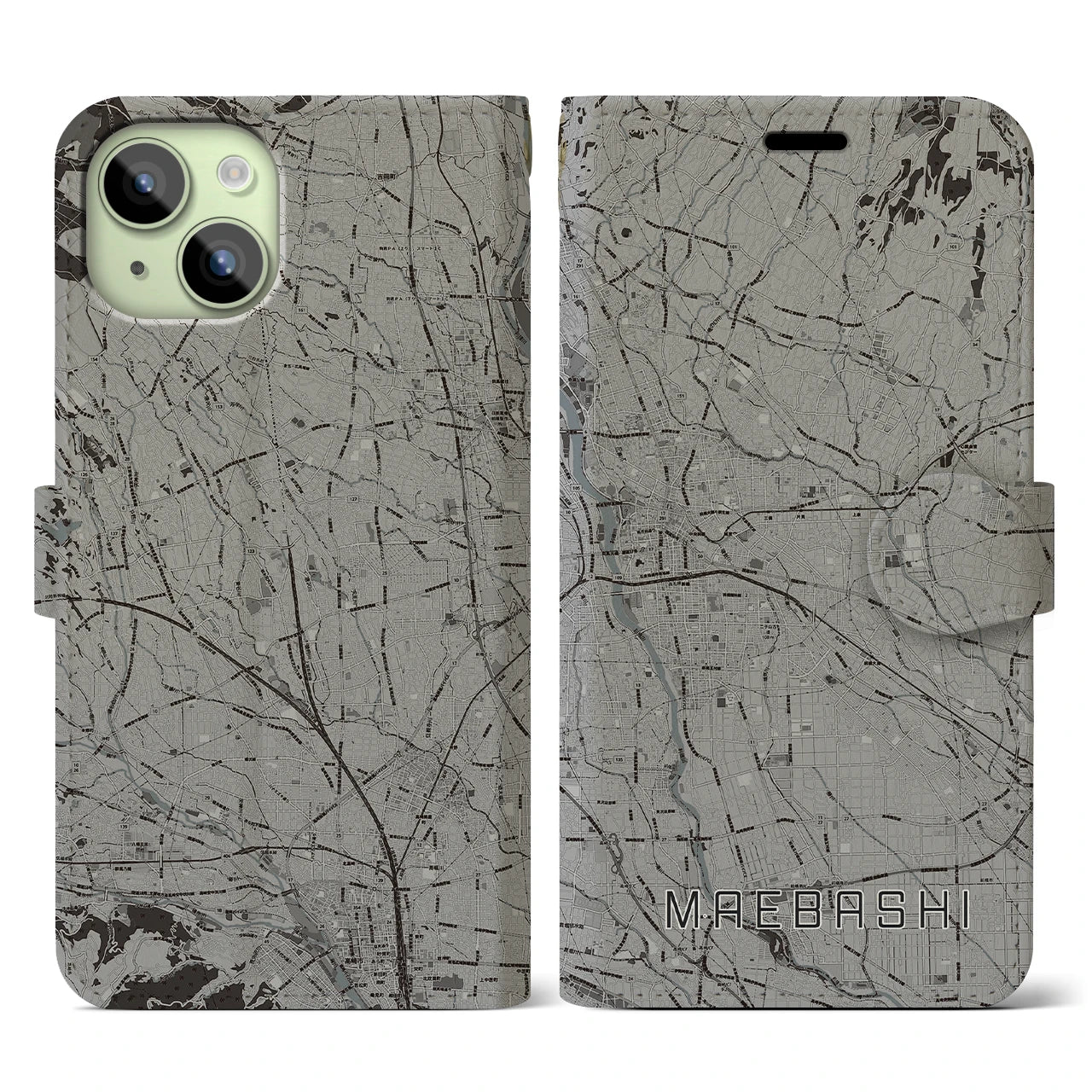 【前橋(群馬県)】地図柄iPhoneケース(手帳タイプ)モノトーン・iPhone 15 用