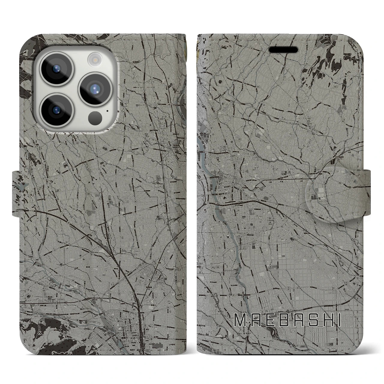 【前橋(群馬県)】地図柄iPhoneケース(手帳タイプ)モノトーン・iPhone 15 Pro 用