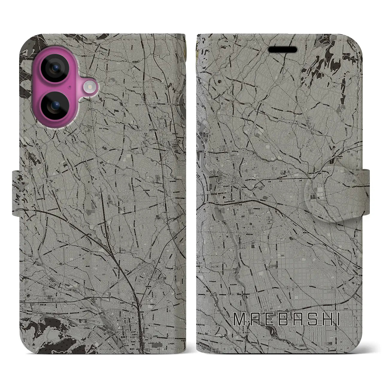 【前橋(群馬県)】地図柄iPhoneケース(手帳タイプ)モノトーン・iPhone 16 Pro 用