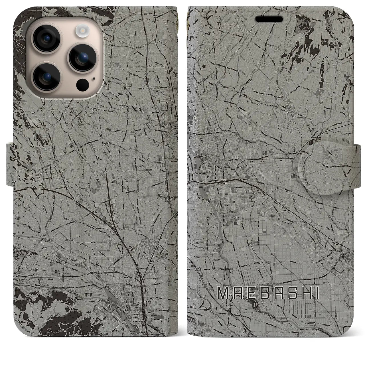 【前橋(群馬県)】地図柄iPhoneケース(手帳タイプ)モノトーン・iPhone 16 Plus 用