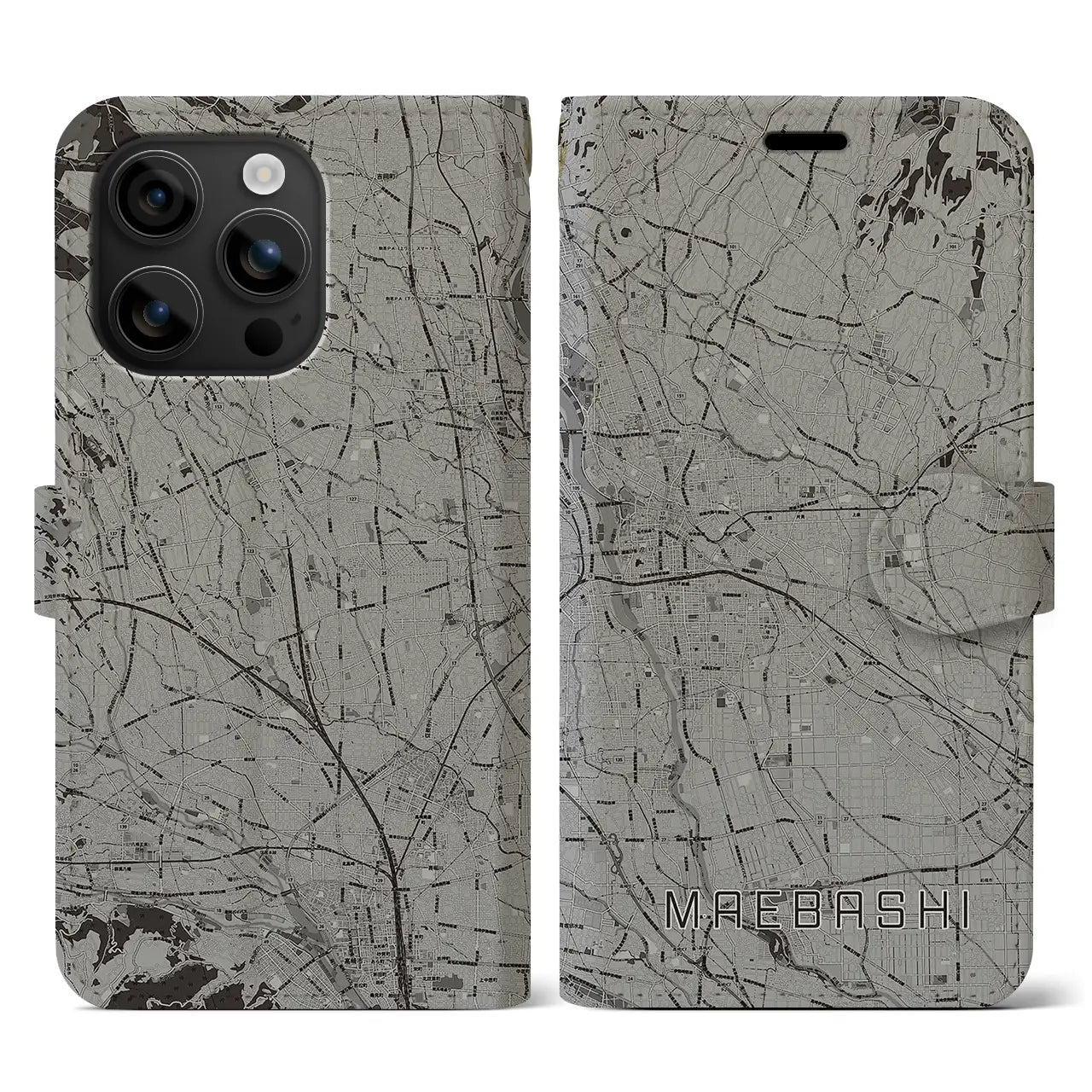 【前橋(群馬県)】地図柄iPhoneケース(手帳タイプ)モノトーン・iPhone 16 用