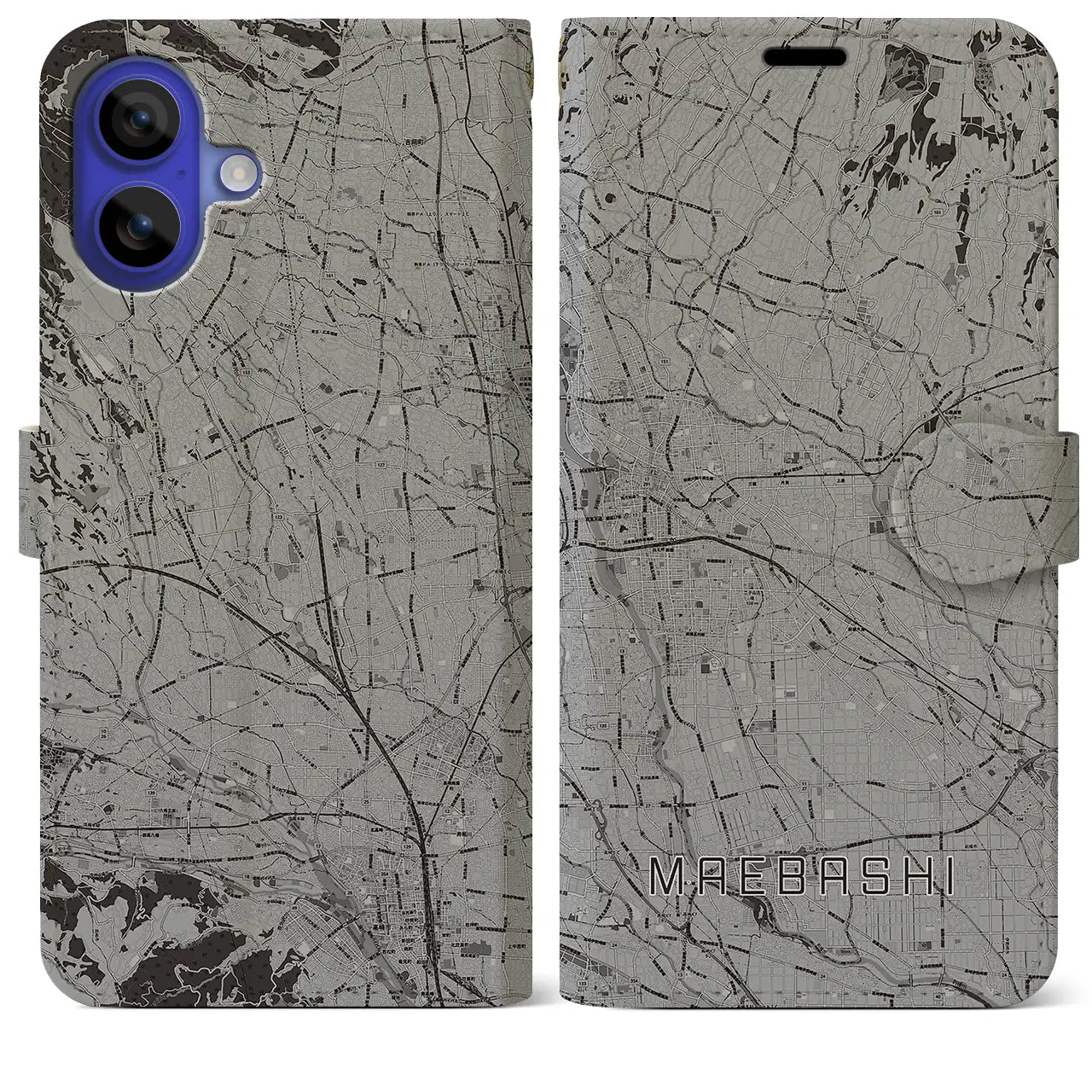 【前橋(群馬県)】地図柄iPhoneケース(手帳タイプ)モノトーン・iPhone 16 Pro Max 用