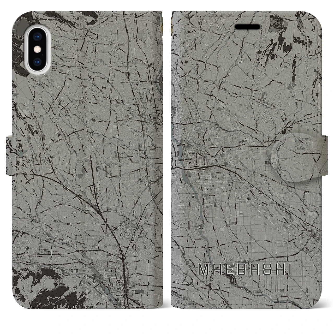 【前橋(群馬県)】地図柄iPhoneケース(手帳タイプ)モノトーン・iPhone XS Max 用