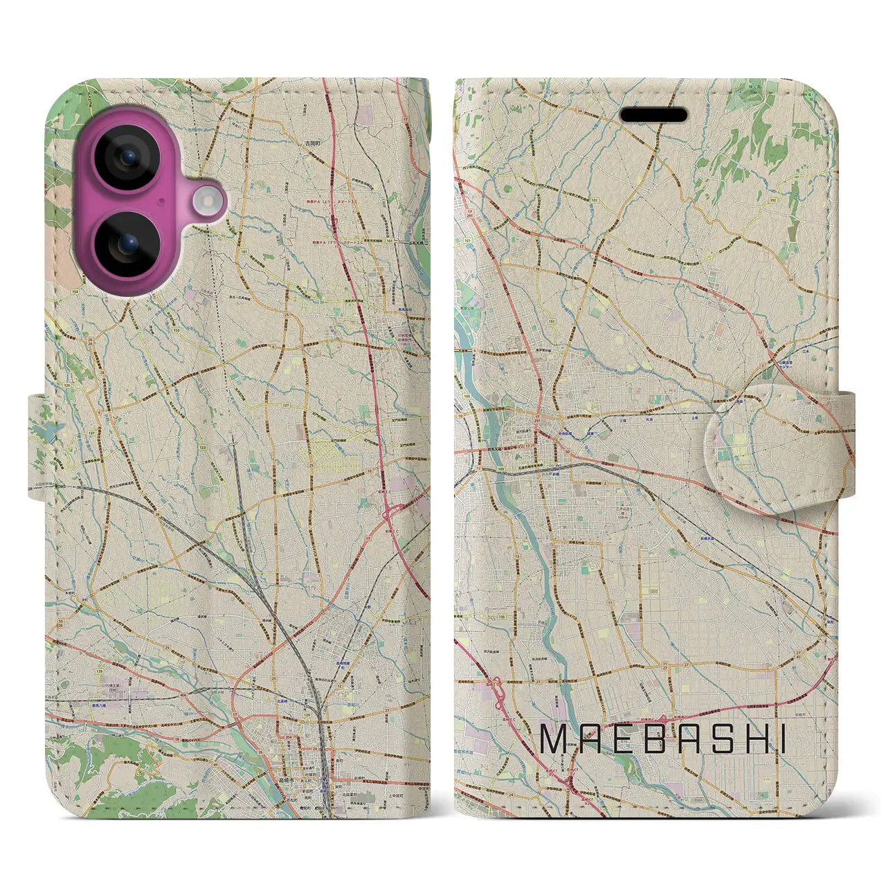 【前橋(群馬県)】地図柄iPhoneケース(手帳タイプ)ナチュラル・iPhone 16 Pro 用