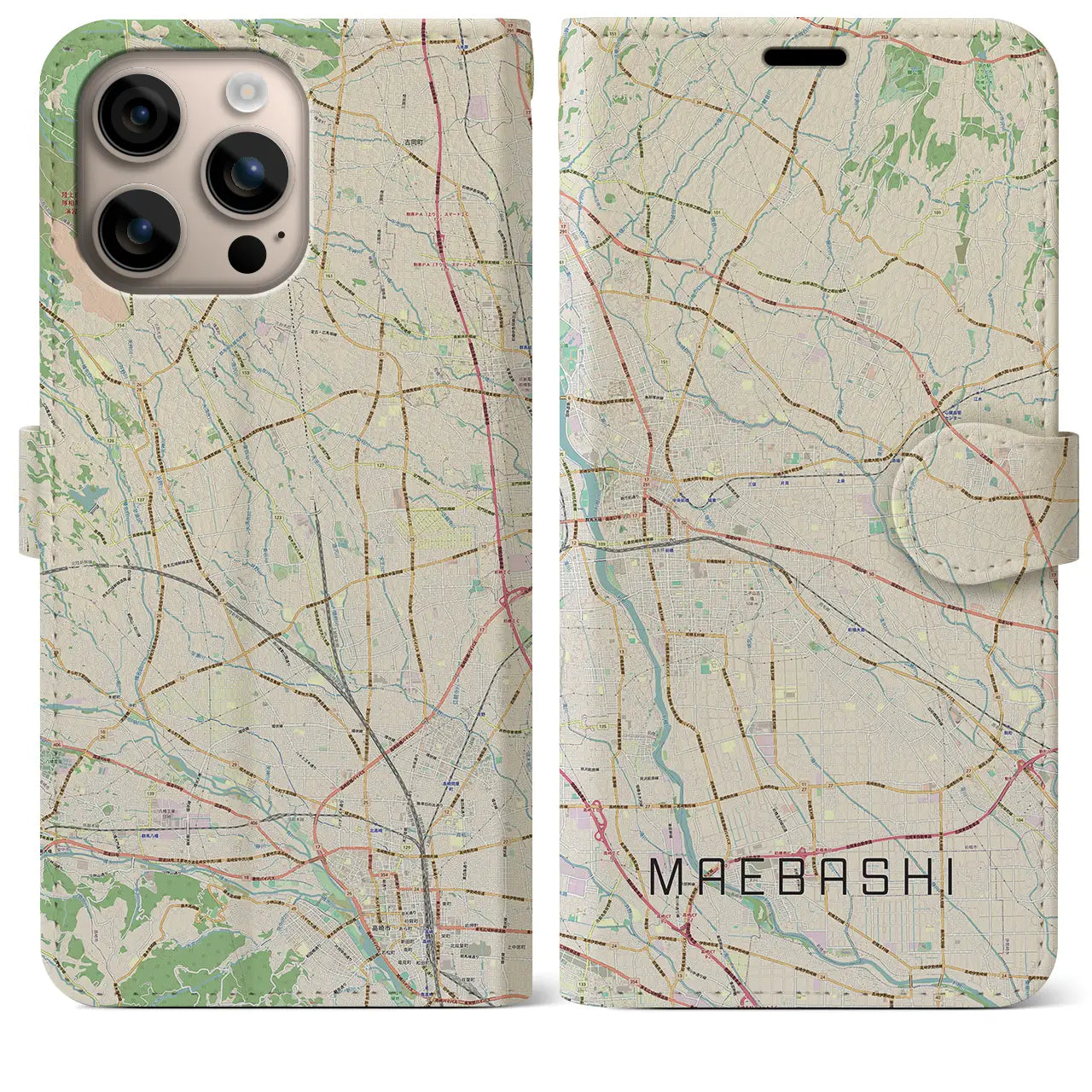 【前橋(群馬県)】地図柄iPhoneケース(手帳タイプ)ナチュラル・iPhone 16 Plus 用