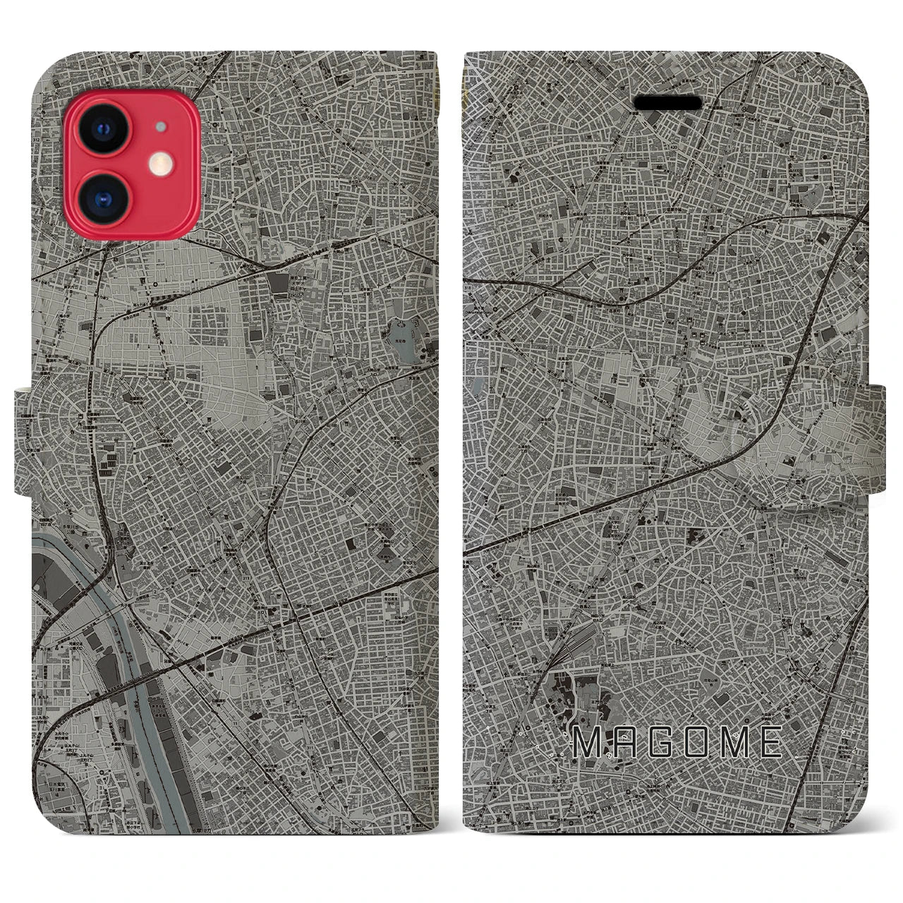【馬込(東京都)】地図柄iPhoneケース(手帳タイプ)モノトーン・iPhone 11 用
