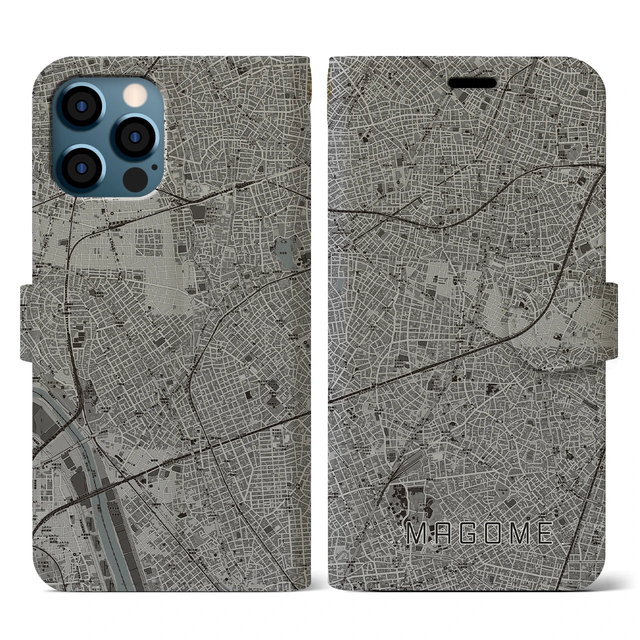 【馬込(東京都)】地図柄iPhoneケース(手帳タイプ)モノトーン・iPhone 12 / 12 Pro 用