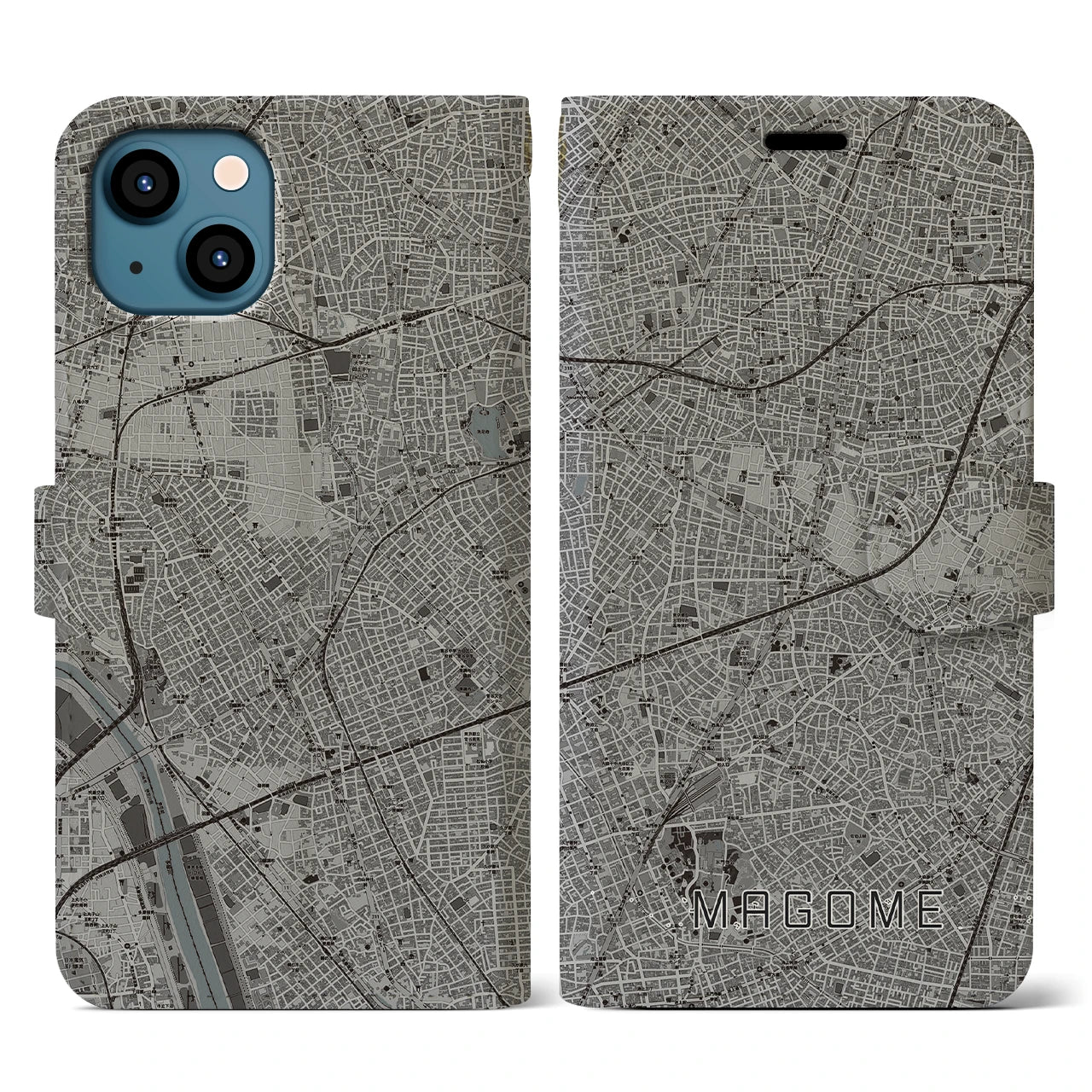 【馬込(東京都)】地図柄iPhoneケース(手帳タイプ)モノトーン・iPhone 13 用