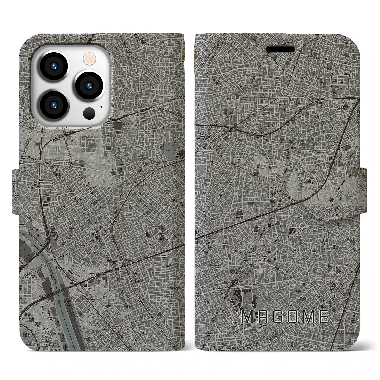 【馬込(東京都)】地図柄iPhoneケース(手帳タイプ)モノトーン・iPhone 13 Pro 用