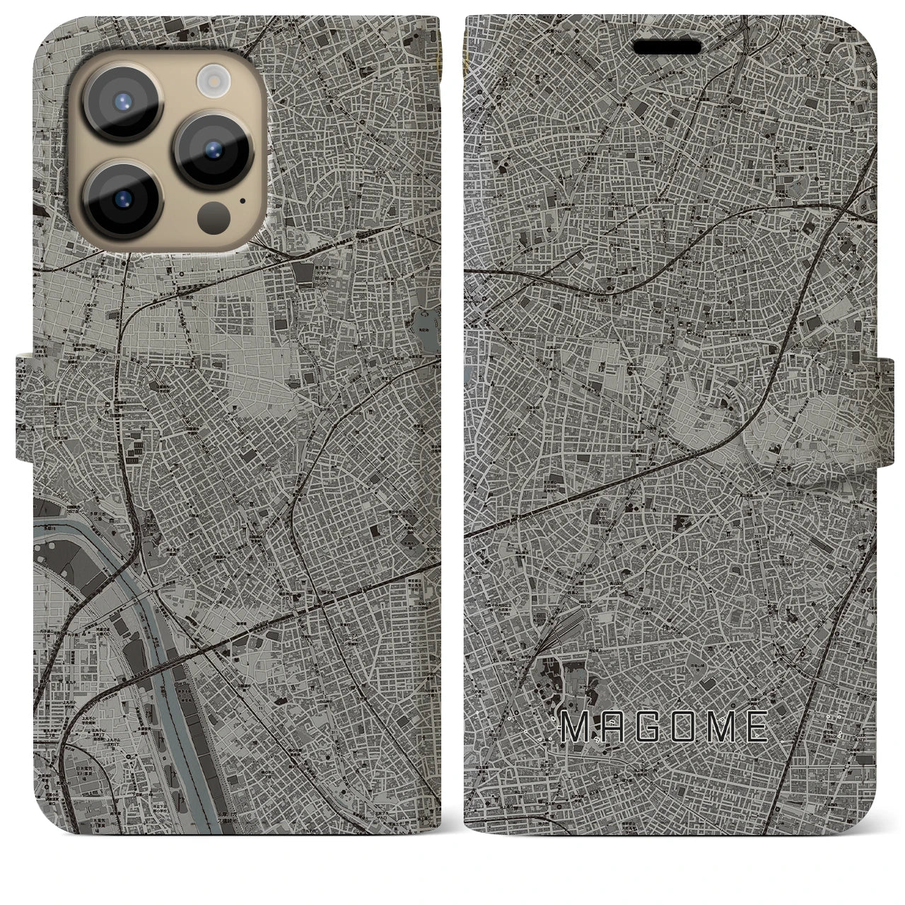 【馬込(東京都)】地図柄iPhoneケース(手帳タイプ)モノトーン・iPhone 14 Pro Max 用