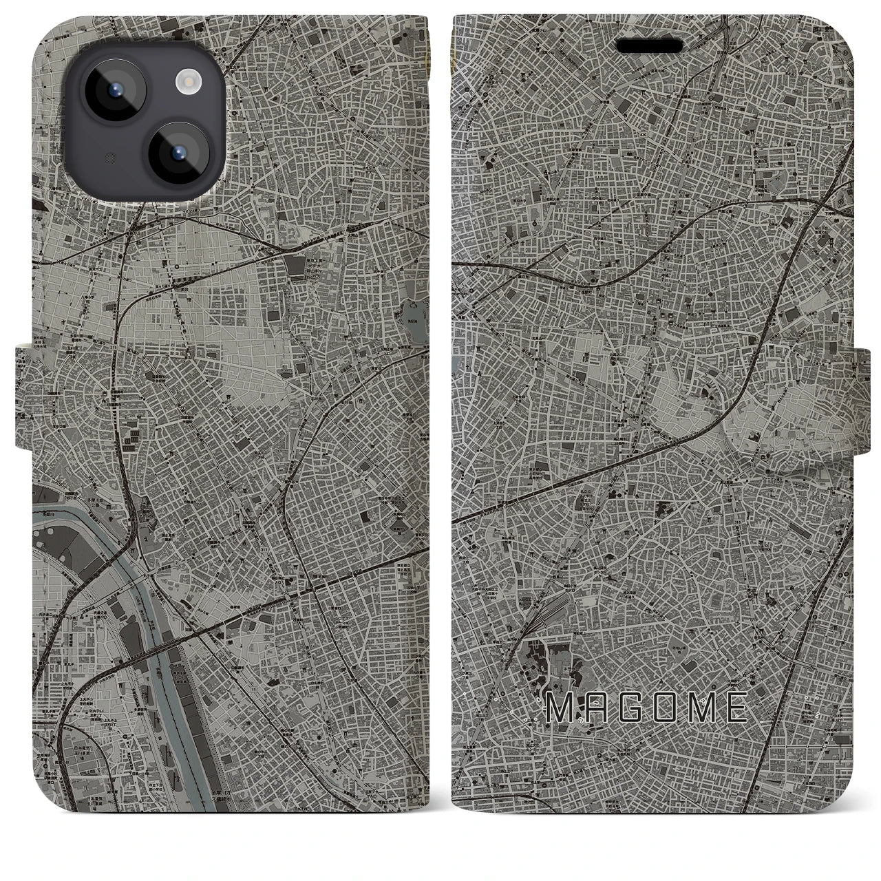 【馬込(東京都)】地図柄iPhoneケース(手帳タイプ)モノトーン・iPhone 14 Plus 用