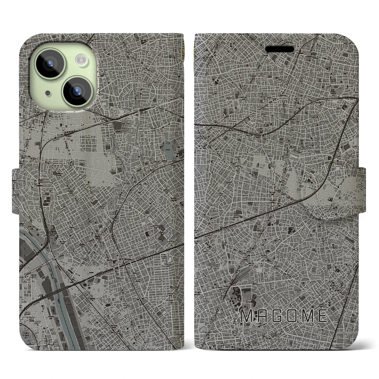 【馬込(東京都)】地図柄iPhoneケース(手帳タイプ)モノトーン・iPhone 15 用