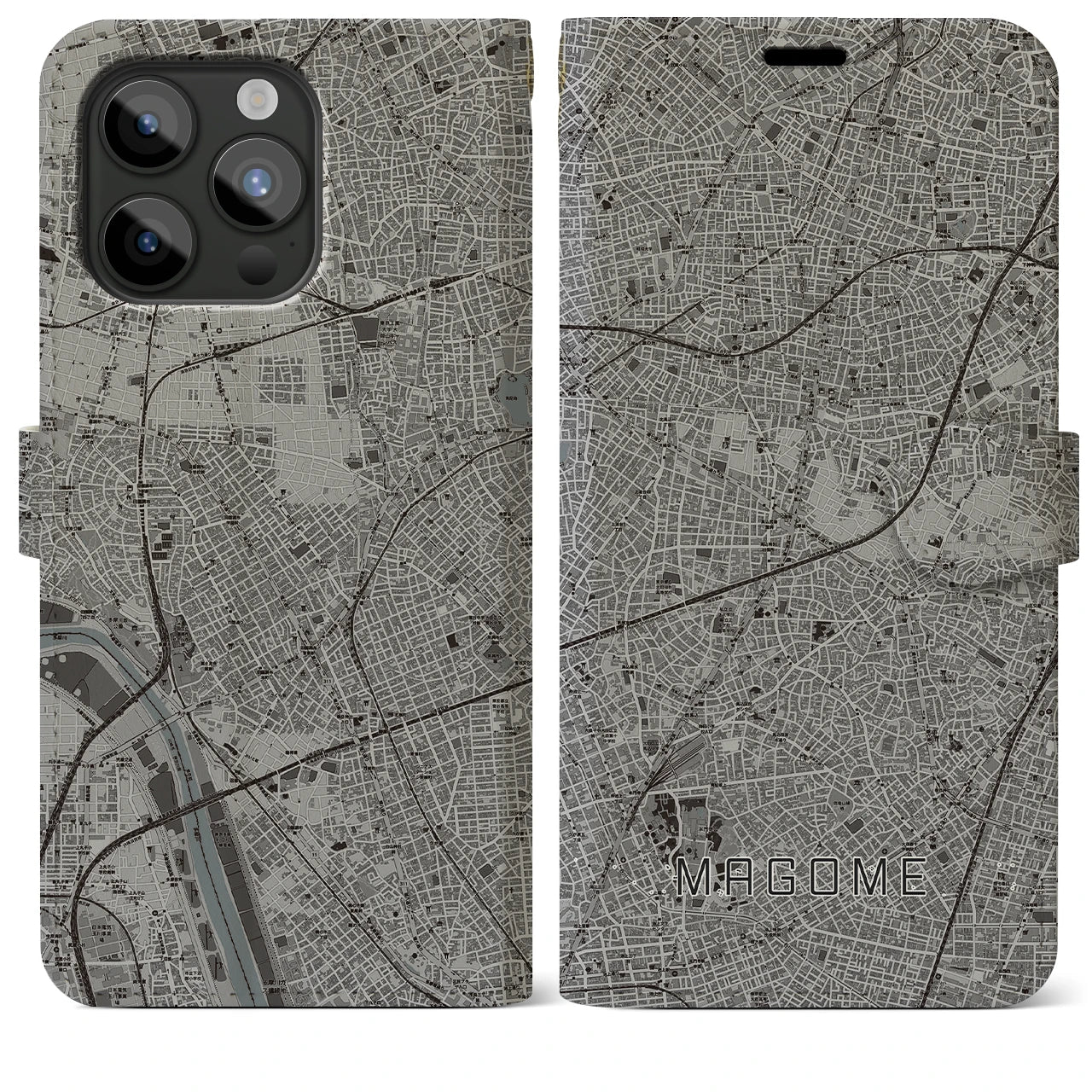 【馬込(東京都)】地図柄iPhoneケース(手帳タイプ)モノトーン・iPhone 15 Pro Max 用