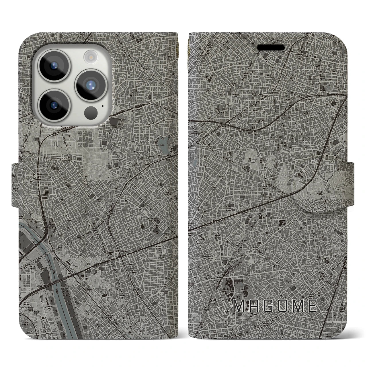 【馬込(東京都)】地図柄iPhoneケース(手帳タイプ)モノトーン・iPhone 15 Pro 用