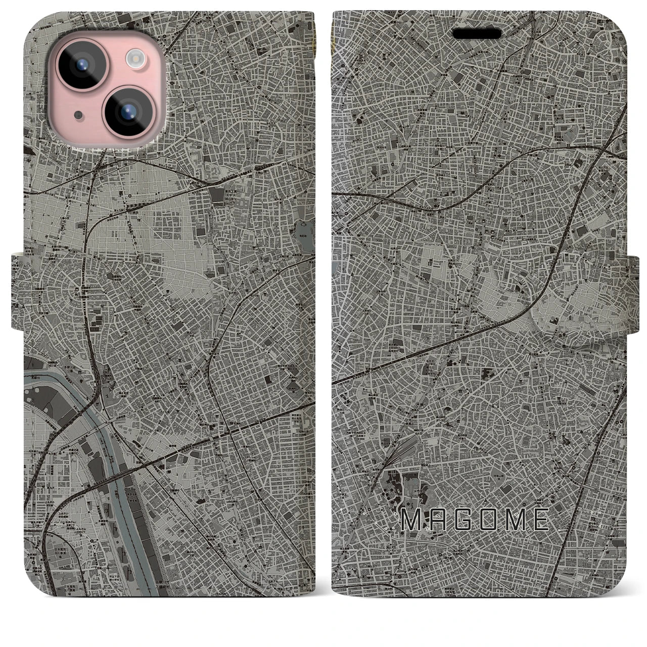 【馬込(東京都)】地図柄iPhoneケース(手帳タイプ)モノトーン・iPhone 15 Plus 用