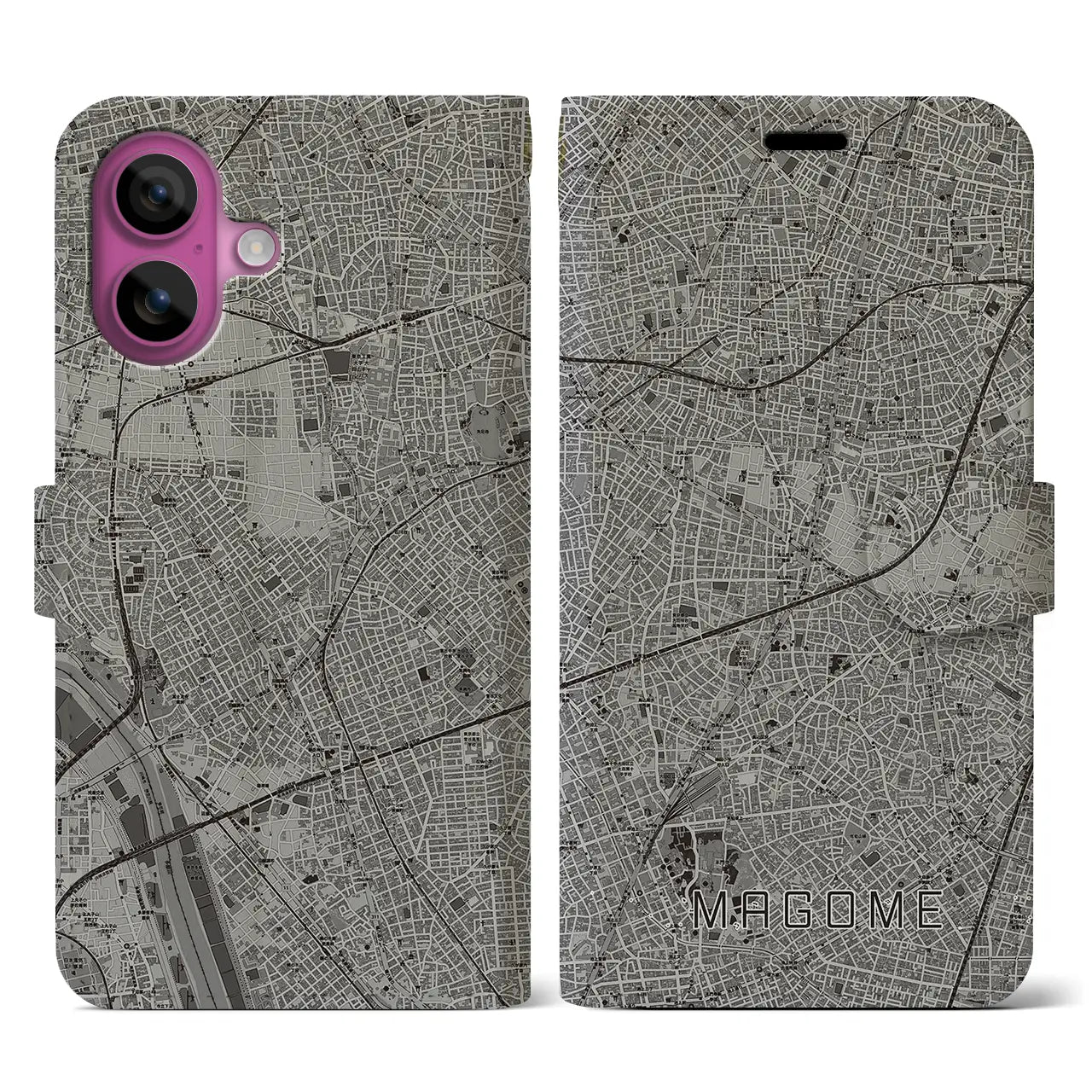 【馬込(東京都)】地図柄iPhoneケース(手帳タイプ)モノトーン・iPhone 16 Pro 用