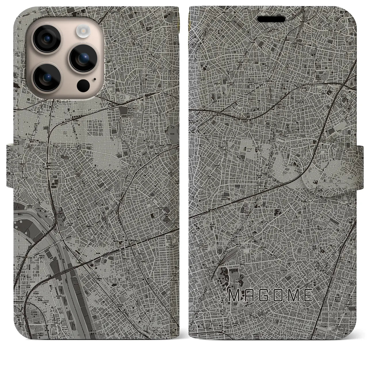 【馬込(東京都)】地図柄iPhoneケース(手帳タイプ)モノトーン・iPhone 16 Plus 用