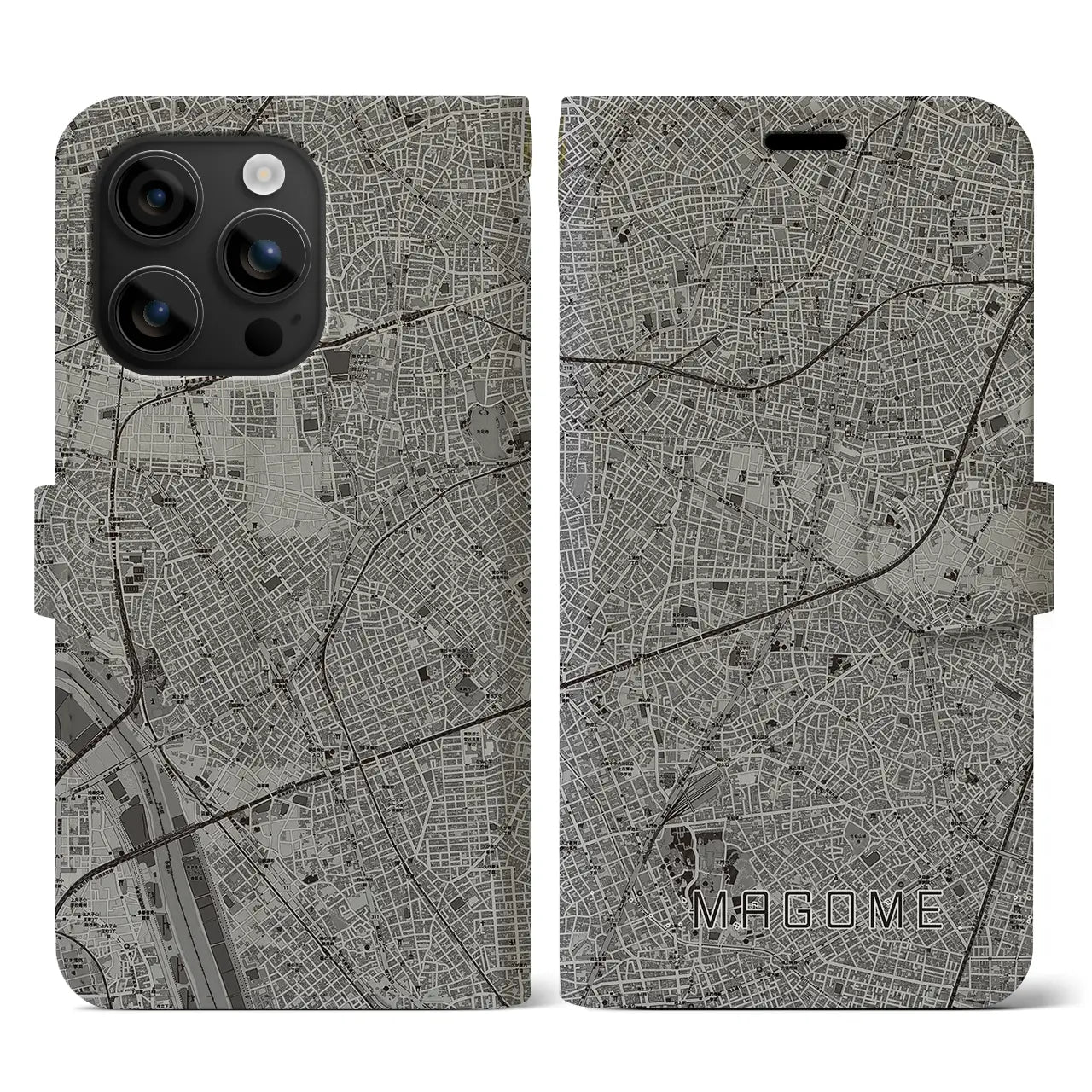 【馬込(東京都)】地図柄iPhoneケース(手帳タイプ)モノトーン・iPhone 16 用