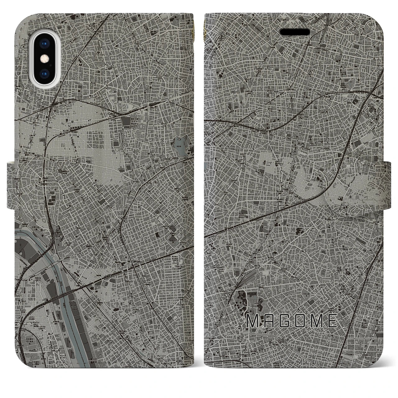 【馬込(東京都)】地図柄iPhoneケース(手帳タイプ)モノトーン・iPhone XS Max 用